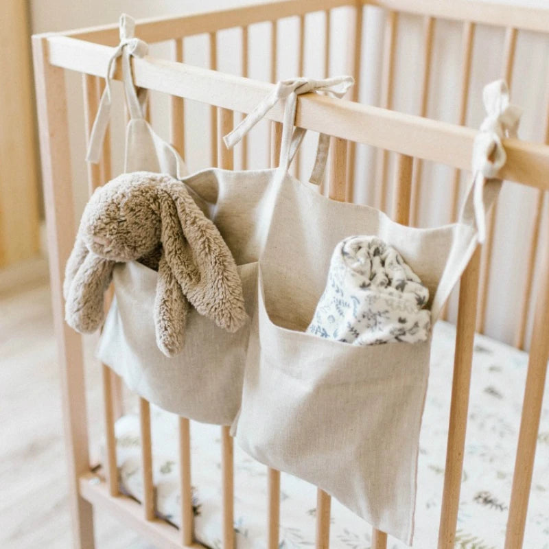 Baby Bedside Hanging Storage Bag Linen 2-Pockets Organizer Bags